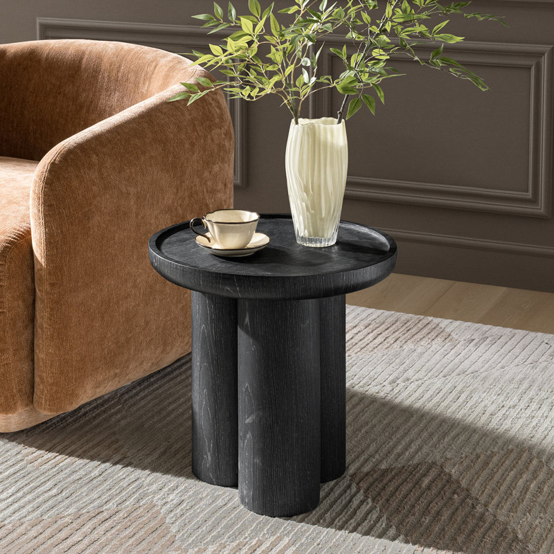 Table de bout ronde moderne l 19,75 po Pendle avec finition en placage de chêne et base sculpturale à 3 pieds, Noir
