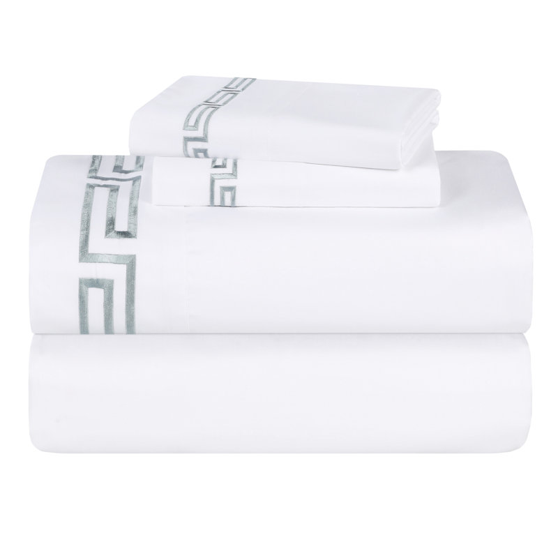 Harrison Cotton Greek Key Embroidered Deep Pocket Bed Sheet Set by Superior, Twin 3pc Set, White/Silver