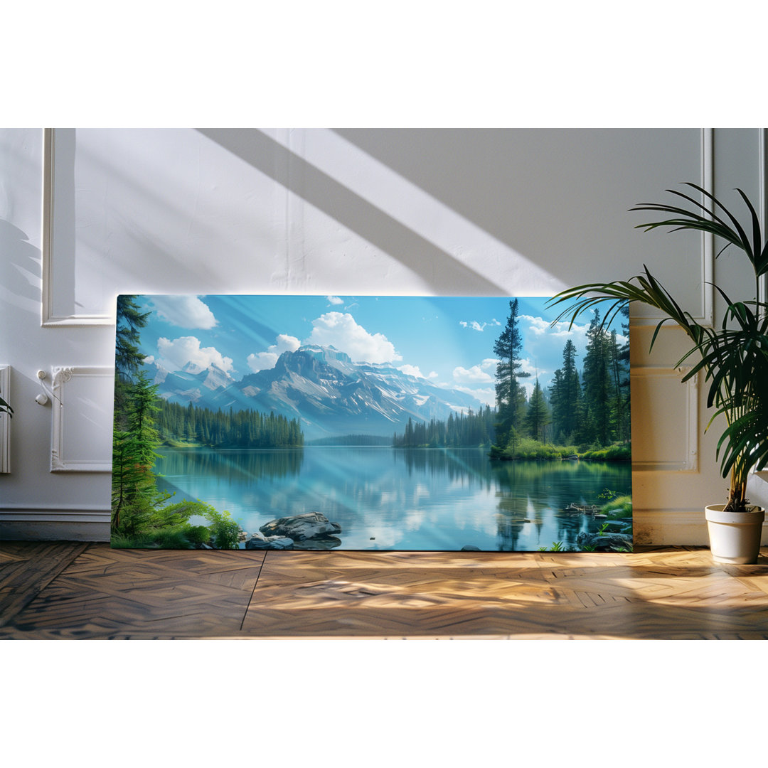 Gerahmtes Bild auf Leinwand 120x60cm Bergsee Berg Tannenwald Natur blauer Himmel