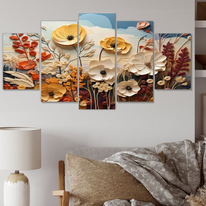 Collage de fleurs orange saisonnier I - décoration murale florale - 5 panneaux