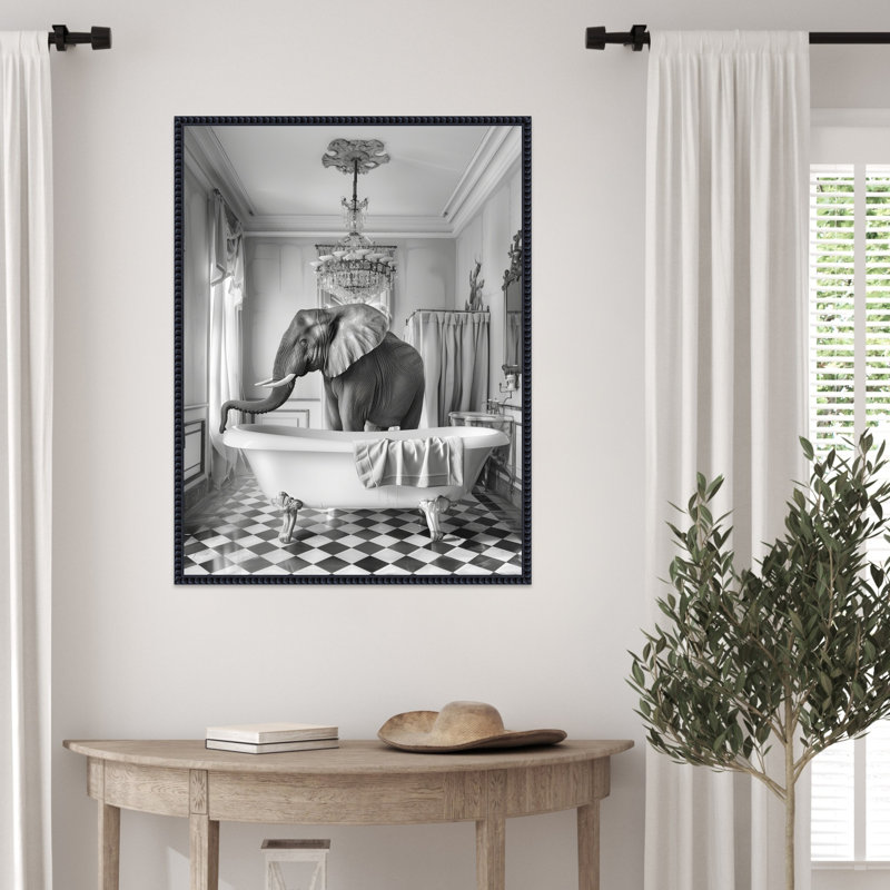 «Elephant Bath Room» par Hostetter, reproduction d'art sur toile encadrée, H 30 po x l 23 po