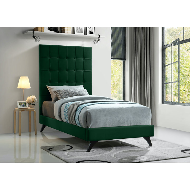Lit plateforme tapissier Elly, Lit simple, Velours vert