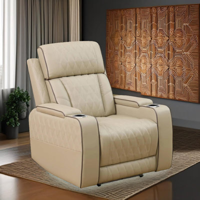 Simplica Beige Vegan Leather Power Reclining Chair With LED Lights,Storage Compartment & USB Charging