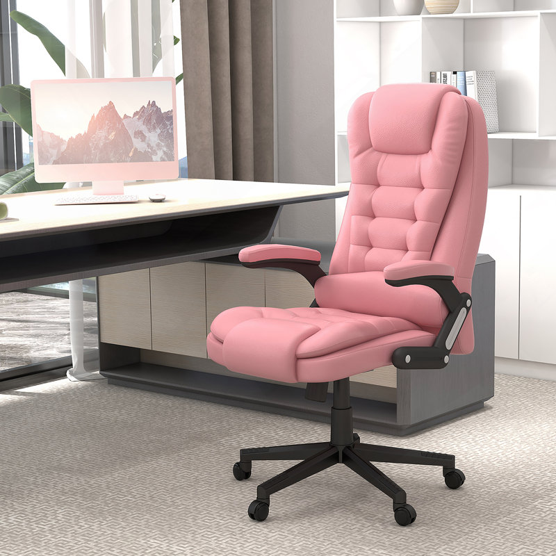 High Back Vibration Massage Office Chair with 6 Vibration Points, Heated Reclining PU Leather Computer Chair with Armrest and Remote, Pink