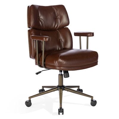 Ergonomic Faux Leather Swivel Office Chair with Walnut Wood Backrest