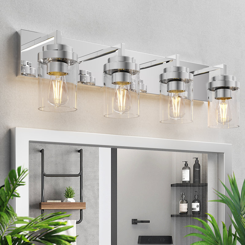 Éclairage pour meuble-lavabo de salle de bain avec abat-jour en verre, Transparent, Chrome poli, 4