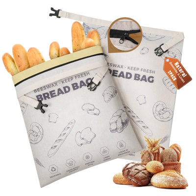 YARRAMATE Blue Floral Beeswax Linen Bread Bags, Reusable Zipper Food Storage Bags, 2 Pack, Freezer Safe Eco Friendly Sourdough Loaf Container