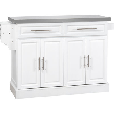 Rolling Kitchen Storage Island From , White, Stainless Steel Top, 2 Drawers, Cabinets, Spice, And Towel For Organizing Mobile Counter With Top Efficient Storage, Spice Rack, Stand, Compact
