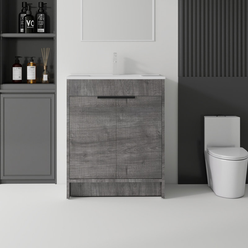 Meuble-lavabo autoportant de 36 po avec lavabo, tiroir en céramique, contreplaqué, gris, 36" W