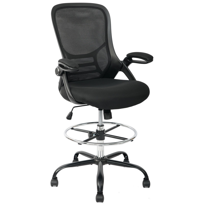 Fauteuil de dessinateur ergonomique pour bureau debout, fauteuil de travail noir avec support lombaire, accoudoirs rabattables et anneau de repose-pieds