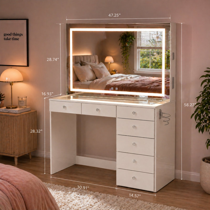 Boahaus Aria Vanity Desk with LED Mirror – 7 Drawer Makeup Vanity Table Designed as a Complete Dressing Station with Integrated Power and Speakers