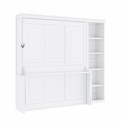 Full Size Murphy Bed with Desk and Bookshelf, White