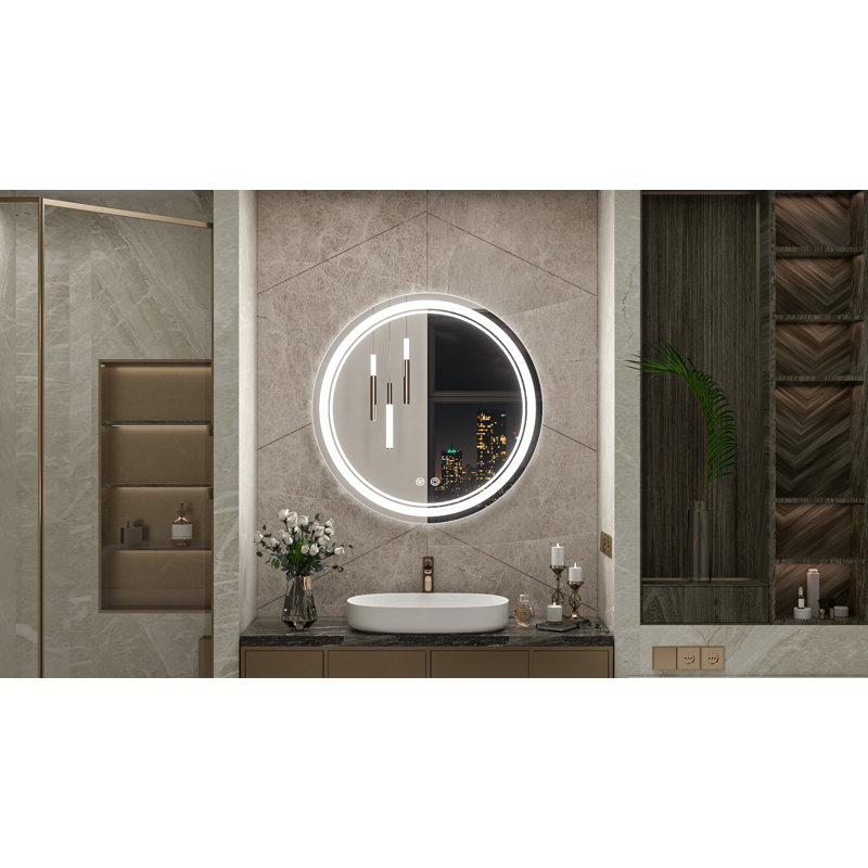 Lashonta Round Frameless Frontlit Bathroom Mirror with Stepless Brightness Adjustment, 3 Color Temperature & Defog Function