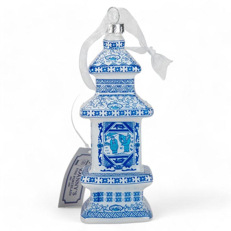 Asian Pagoda Blue and White Glass Ornament