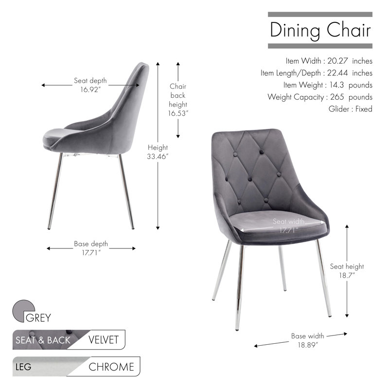 Simbury Tufted Velvet Dining Chairs with Chrome Legs, Grey