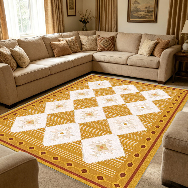 Mustard Southwestern Diamond carpet-easy to clean, machine-washable, soft and comfortable; suitable for door mats, kitchens, living rooms, bedrooms, corridors, and laundry areas. Easy to clean, durable carpet for home decoration.