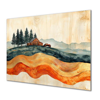 Automne, grange avec tracteur, paysage II - ferme, impression sur métal, campagne