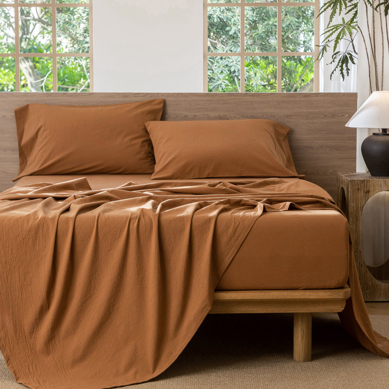 Ensemble de draps MooMee, Ensemble de draps pour grand lit avec 2 taies d'or, Orange foncé
