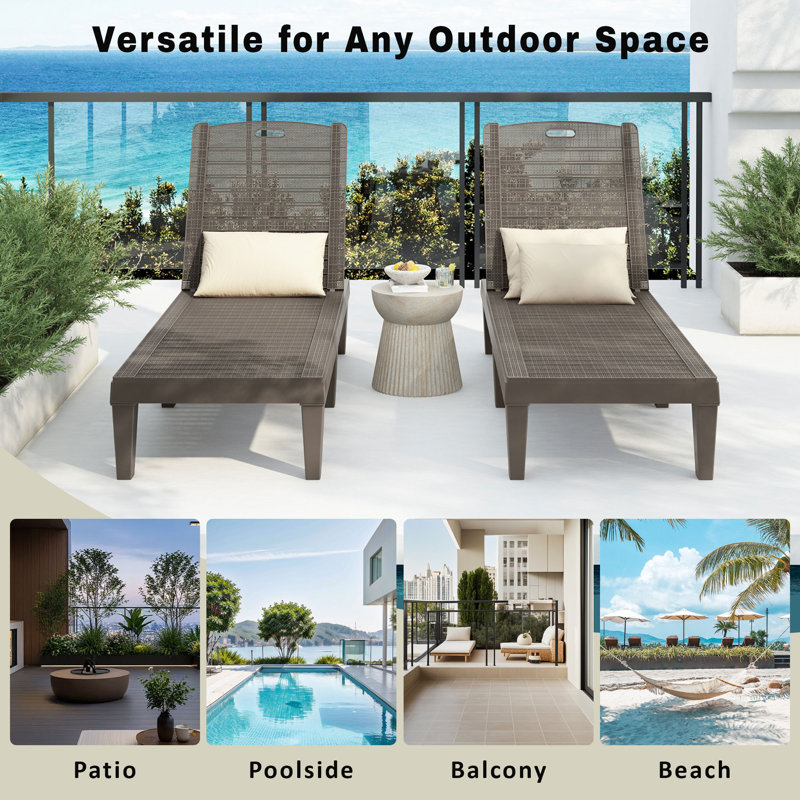  2 chaises longues d'extérieur en résine avec dossier réglable pour patio, piscine ou plage, Brun