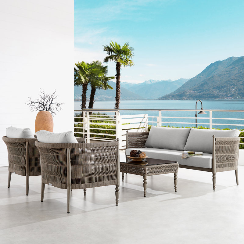 Safari Brown Aluminum and Glass Outdoor Coffee Table with Rope Weaving