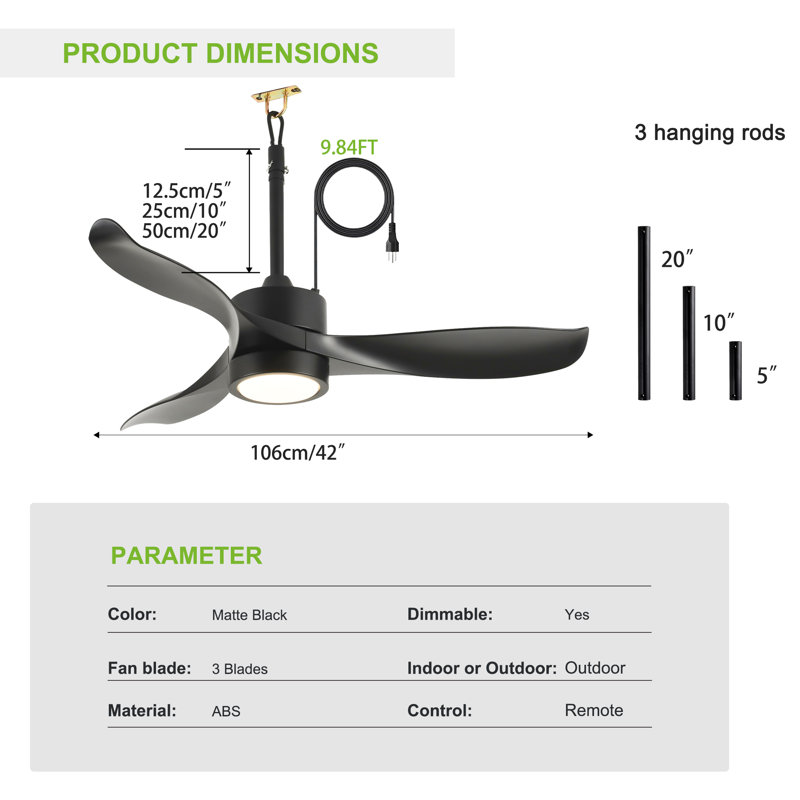 Ventilateur de plafond 42 po à 3 pales avec télécommande, 3 tiges verticales et lumière DEL à intensité variable incluse