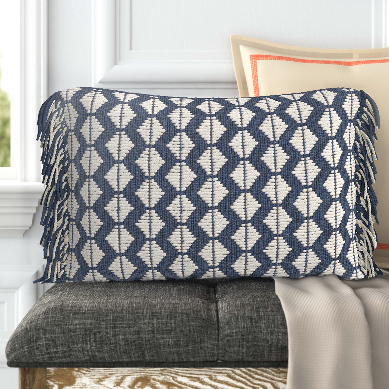 Senda Fringed Indoor/Outdoor Lumbar Throw Pillow, Dark Blue/Ivory, Polyester/Polyfill