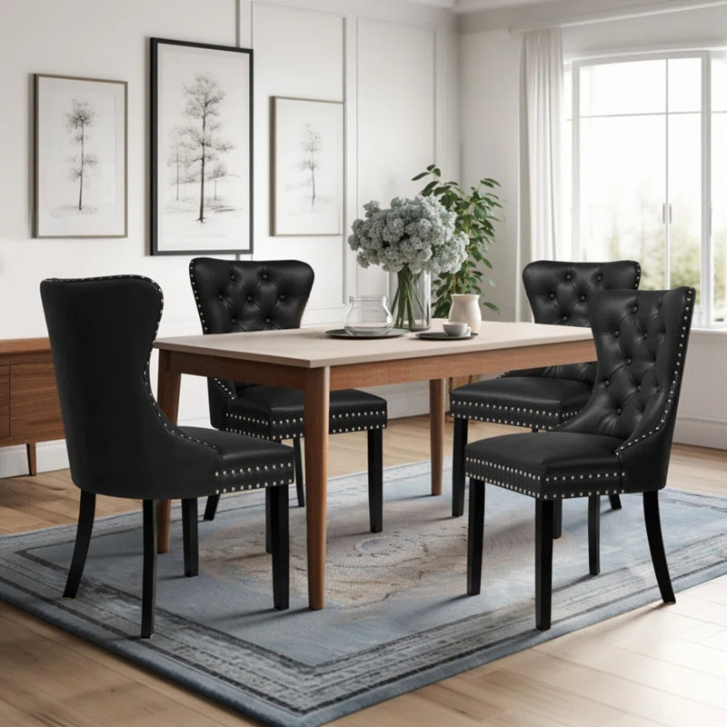 Tufted Leather Upholstered Wing Back Parsons Chair (Set Of 4), 4, Black/Black