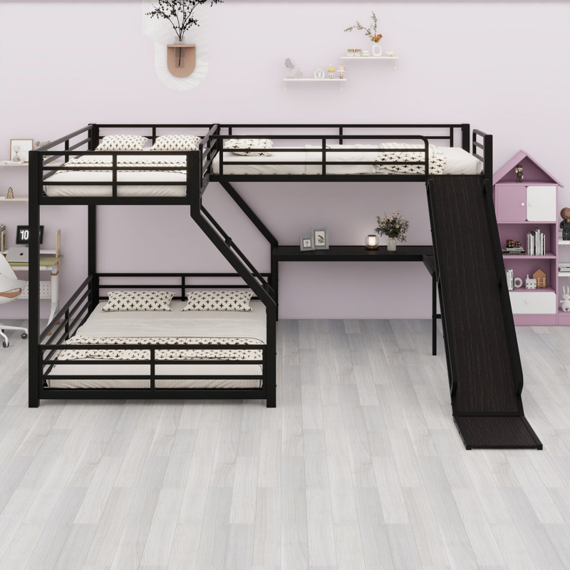 L-Shaped Bunk Bed With Loft Bed, Metal Triple Bunk Bed With Slide And USB Ports, Extra-Long Twin Over Queen