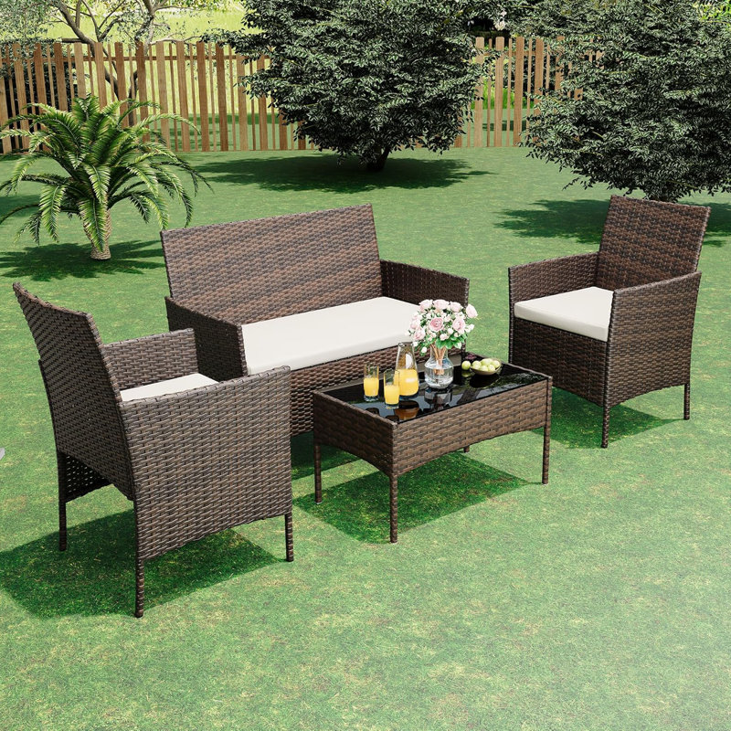 4 Pieces Patio Furniture Set, Rattan Outdoor Furniture with Upholstered Sofa, 2 Chairs and Coffee Table, Conversation Bistro Set for Garden, Backyard, Porch