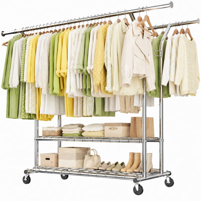 75" Wide Rolling Clothes Rack With Adjustable Garment Bar, Locking Wheels, And Side Hooks