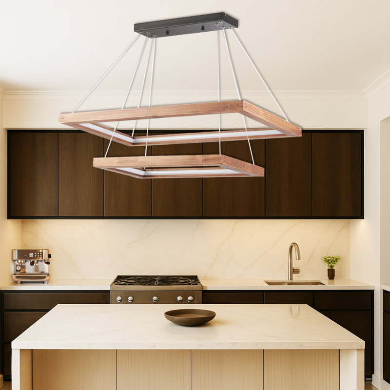 2 Tiers Rectangle 3 Variable Color LED Chandelier, Oak