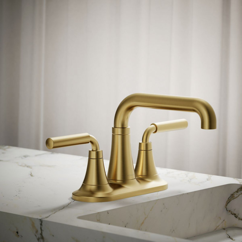 Tone Two-Handle Centerset Bathroom Sink Faucet with Clicker Drain, 0.5 GPM, Brass