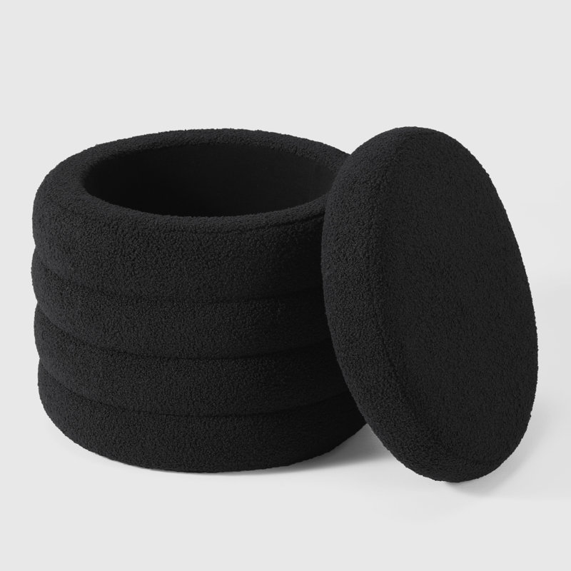 Bayville 16" Tall Sherpa Round Ottoman With Storage, Black Polyester