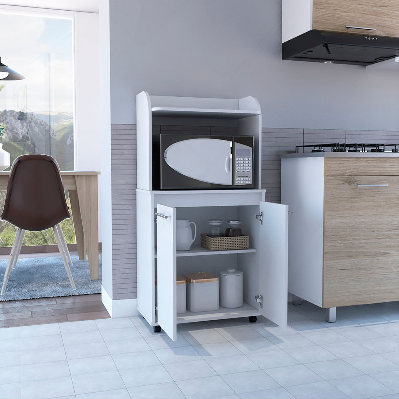Kart de cuisine, armoire à deux portes, une tablette ouverte, deux tablettes intérieures