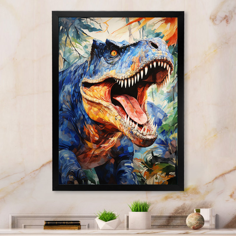 «Colorful Roaring Trex Dinosaur II», art mural dinosaure, Cadre simple noir, H 32 po x l 16 po x P 1 po