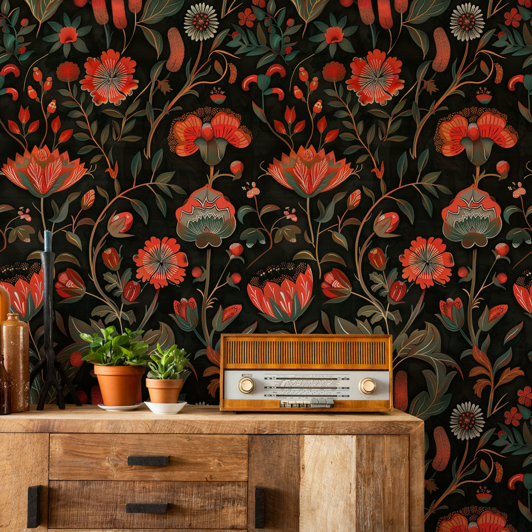 Bold Dark Red Floral Wallpaper  Bryelle Peel & Stick Red and Orange Roll Lark Manor™