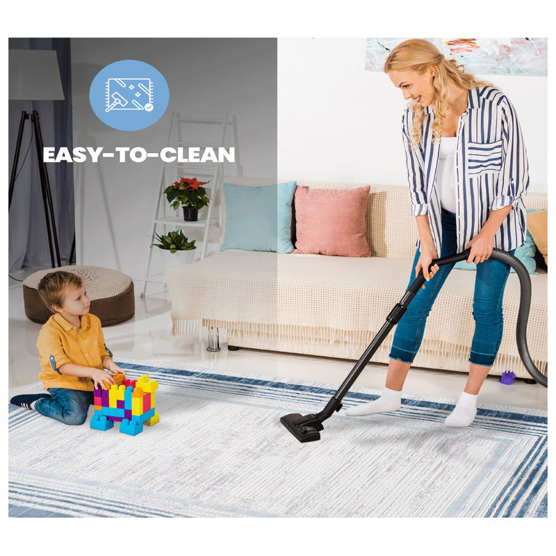 Tapis bleu et ivoire à bordure moyenne résistant aux taches et sans perte de poils pour le vestibule, le salon et les espaces très passants
