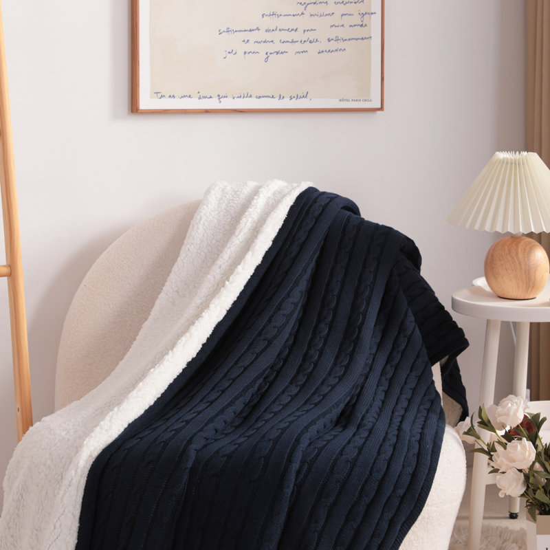 Navy Blue Cotton Cable Knit Sherpa Throw Blanket 51" x 67"