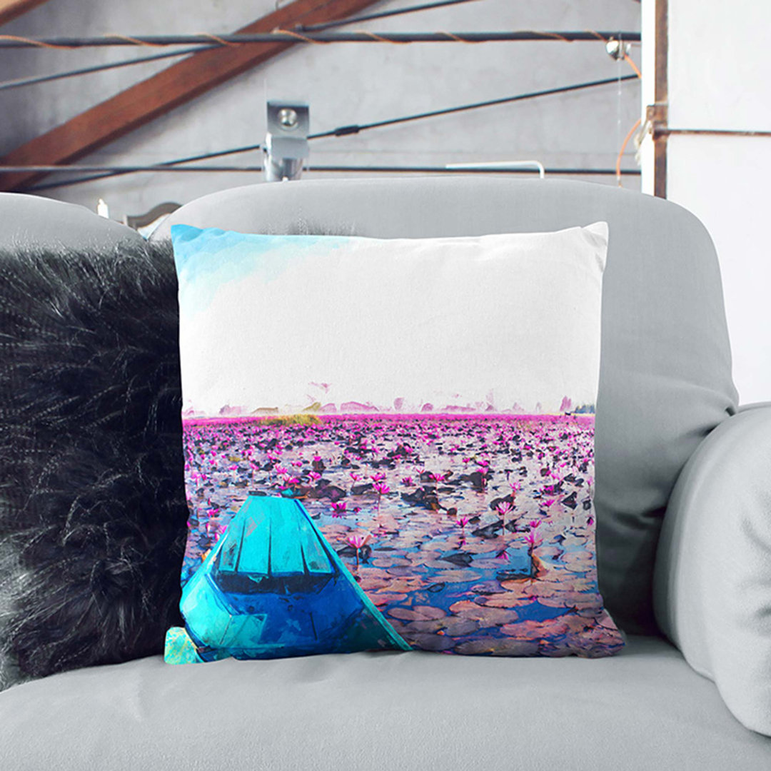 Boat in the Red Lotus Sea in Thailand in Abstract Cushion with Filling