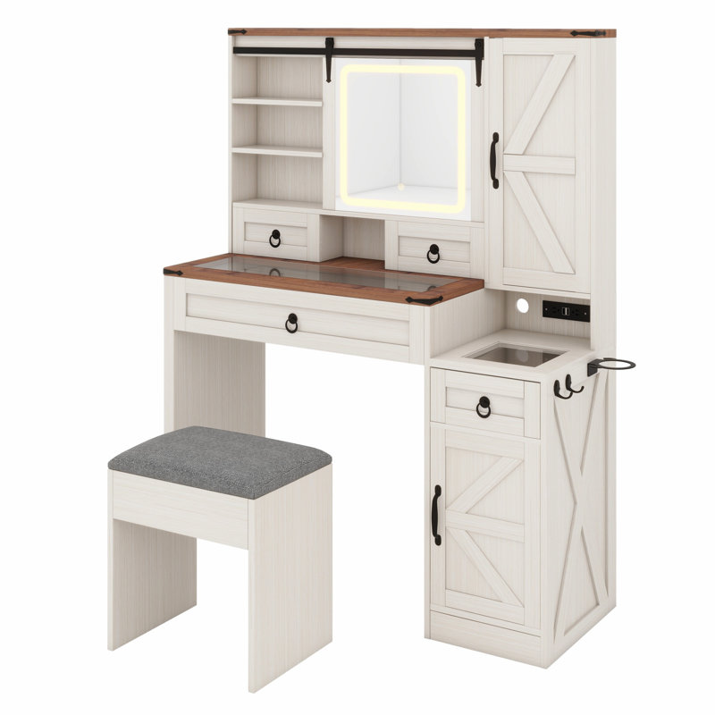 Ensemble de coiffeuse avec miroir lumineux coulissant Farmhouse, coiffeuse en verre avec station de charge, ensemble de meuble-lavabo 4 tiroirs 2 armoires avec tabouret