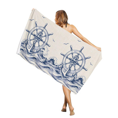 Serviette de plage rétro en lin Coastal Anchor Compass, grande taille, séchage rapide, absorbante et douce, sans sable, 127 x 152 cm. Un sac en toile assorti vous sera offert.