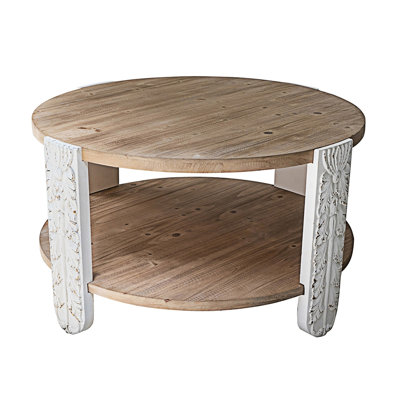 Table basse ronde en bois 31,5 x 31,5 x 17,7 po avec finition brune naturelle, pieds sculptés blancs et tablette de rangement inférieure