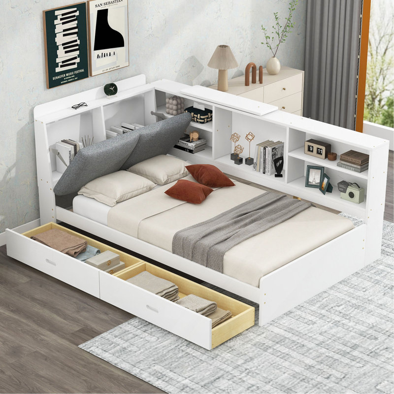 Lit plateforme simple en bois avec tête de lit avec rangement, tablettes et 2 tiroirs, blanc, Lit simple, Blanc