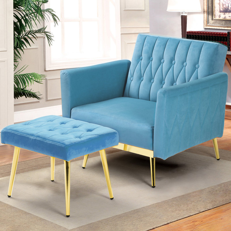 Siemon Velvet Accent Chair with Ottoman, Baby Blue Velvet