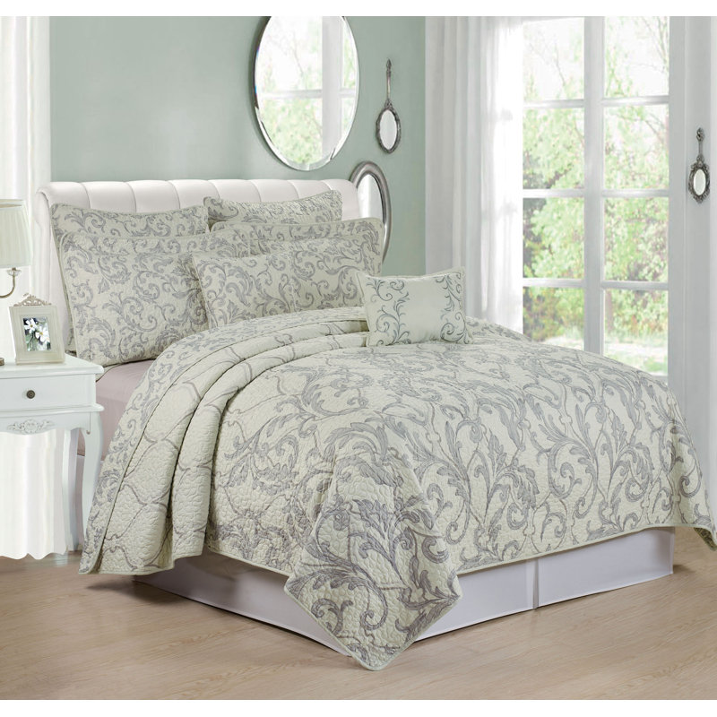Microfiber Damask Coverlet with Pillow Shams, Marisol, Oversize King Coverlet + 4 Shams + 2 Throw Pillows