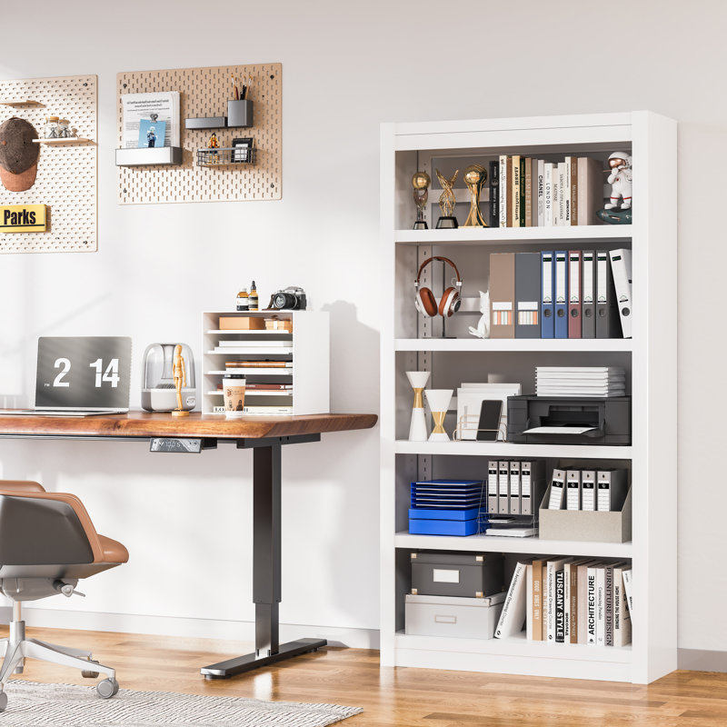 Bibliothèque en métal, bibliothèque à 5 niveaux, bibliothèques modernes avec tablettes réglables, bibliothèque blanche pour bureau à domicile, salon, garage, espace de vie restreint