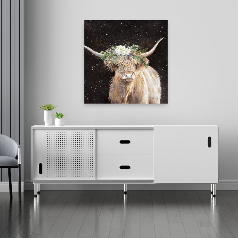 Christmas White Floral Highland Cow II Abstract Contemporary Landscape Nature Wall Art Print 1 Piece Wrapped Canvas Wall Art