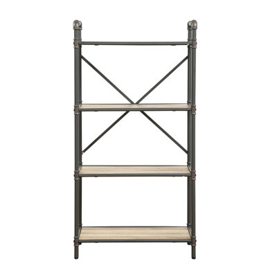 Antique Oak & Sandy Gray Bookcase - Fixed Shelves With Metal And Composite Wood Rectangular Bookshelf In Tier Storage Unit