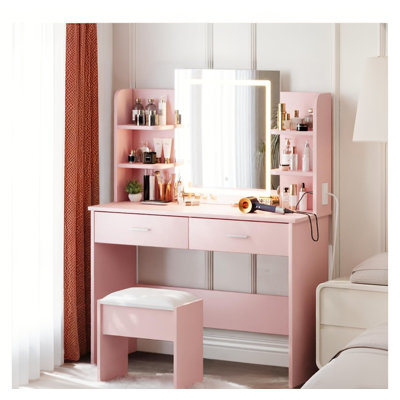 Bureau de coiffeuse avec miroir et lumières, ensemble de coiffeuse de maquillage avec tabouret, prise de courant, 6 tablettes de rangement, 2 tiroirs, miroir à DEL 3 couleurs réglable