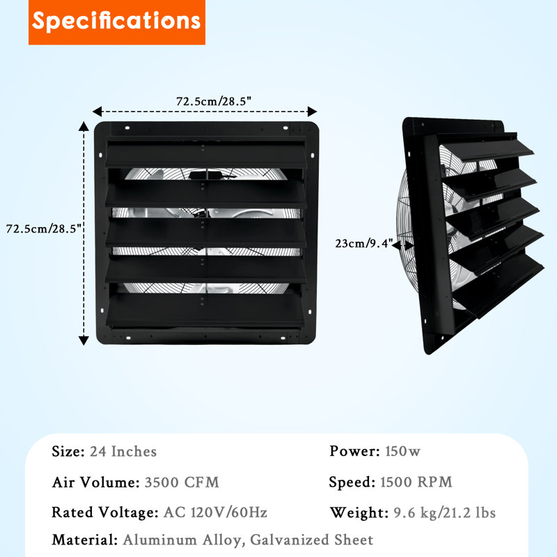 Ventilateur à obturateur automatique 24 ", 3500 pi3 / min - Ventilateur en aluminium à faible bruit et à grande vitesse pour ventilation de grenier, refroidissement de garage et ventilateur de serre